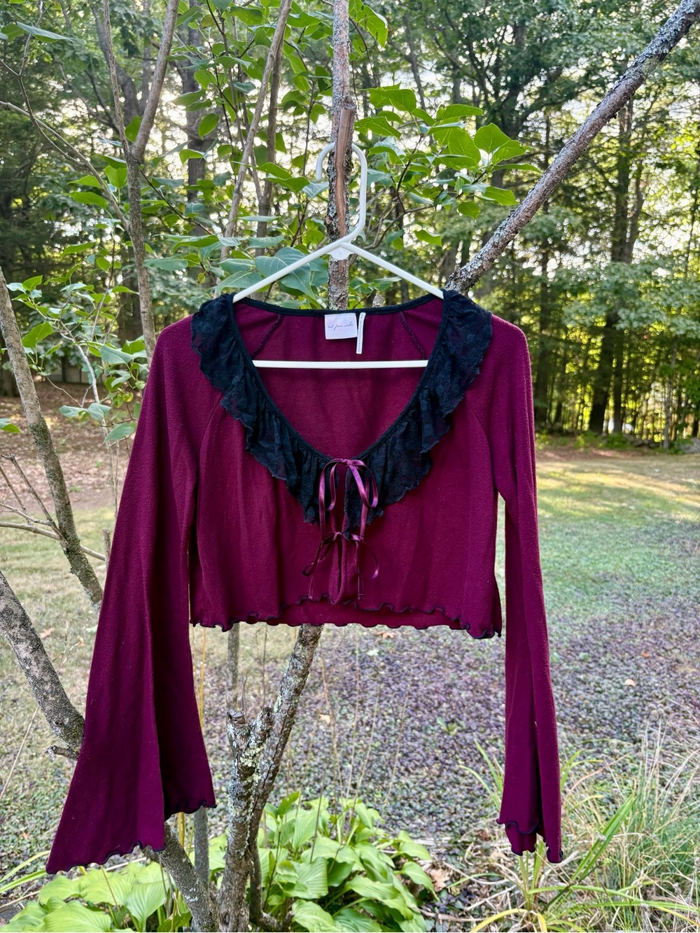 Urban Outfitters Wine-Red Long-Sleeve Crop Top with Black Lace Collar